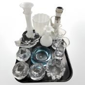 A group of continental glass wares, including Kosta Boda textured glass tea light holders,