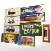 Nine boxed Corgi die cast models, including Foden tankers, Regent and Hovis,
