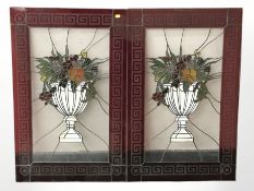 A pair of contemporary stained and leaded glass panels depicting urns of flowers with Greek key