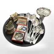 A pair of silver plated basting spoons, costume jewellery, silver plated vase,