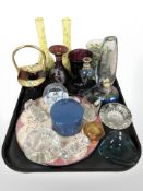 A group of Art glass items : Caithness, pair of Victorian yellow onion vases, glass marbles,