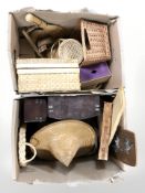 A quantity of baskets and other wicker items, two domed storage boxes,