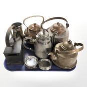 A group of copper, brass and EPNS kettles, silver plated pin dishes, iron and pewter tankard.