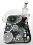 A group of Scandinavian glasswares including fruit bowl, dimple decanter, paperweights,