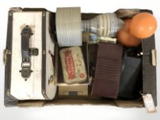 A 1970's decanter retaining contents, plastic model jet engine,