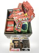A group of toys including two Funko Marvel bobble heads, sun glasses,
