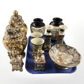 Three pairs of 20th century Japanese Satsuma earthenware vases, further pair of candlesticks,