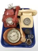 Two vintage plastic telephones, a gavel, barometer,