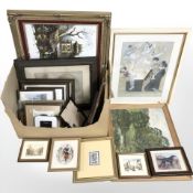 Assorted pictures and prints, engravings, oil on canvas, further gilt framed oil on board,