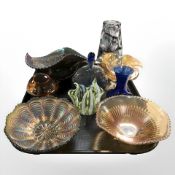 A quantity of carnival glass, art glass vases, etc.