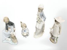 A Lladro figure and three others by Nao, tallest 24cm.