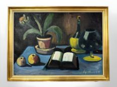 E Olesen : Still life of fruit, plant and wine glass, oil on canvas, 46 cm x 64 cm,