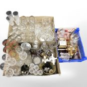 An assortment of 20th century drinking glasses, grapefruit bowls, set of enameled scales, cutlery,