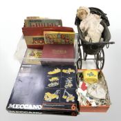 Board games, loose stamps, doll's pram,