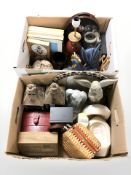 Decorative items including statues of angels, lamp base, wicker items, pair of lanterns,