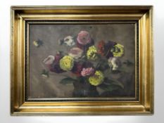 T Mjolnen : Still life of flowers in a vase, oil on canvas, laid to board, dated 1925,