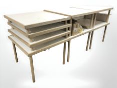 Eight various Danish melamine topped tables, width 90 cm.