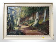 K Lange : A woodland path, oil on canvas, 44 cm x 64 cm.