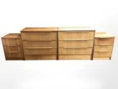 A pair of teak and MDF three drawer chests, each 75 cm wide,