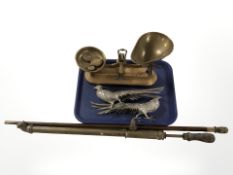 A set of antique brass scales, with several weights, garden sprayer,