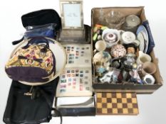 Assorted ceramics, folding chess board, plated items, stamp album,