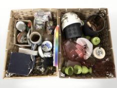 Two wicker trays of pottery and glass wares, figures, miniature hardstone tree ornament,