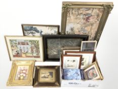 A large quantity of pictures and prints, framed embroideries, boxed sets of sundae dishes,