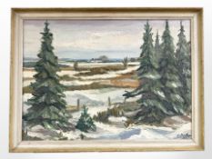 F Becker : A view towards a coastline in snow, oil on canvas, 60 cm x 43 cm.
