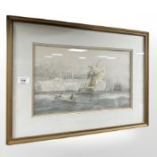 Fred Tordoff : Boats off Tynemouth with the Abbey beyond, watercolour, 25 cm x 41 cm.