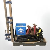 Three sash clamps, pair of axle stands, camping stove in tin, etc.