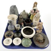 A group of Danish pottery wares, polished agate dish, ceramic figurines, etc.