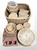 A group of wicker baskets and similar items, largest 80 cm wide.