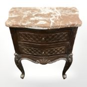 A continental marble top two drawer bedside chest, width 55 cm.