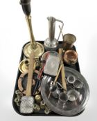 Metal wares to include, brass lamp base and candlestick, pewter wares, butchers mallet,