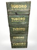 Five painted pine Tuborg bottle crates, each 47 cm wide.