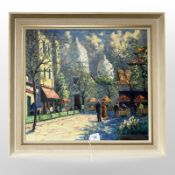 Continental School : Figures in a square, oil on canvas, 48 cm x 52 cm, indistinctly signed.