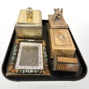 A Japanese wooden puzzle box, two wooden tables boxes surmounted with birds, decorated photo frame,