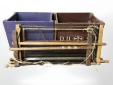 Two painted pine bottle crates, width 47 cm, together with a group of vintage saws.