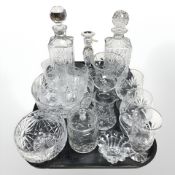 Two crystal decanters, various tumblers, rummers, candlestick, bowls, etc.