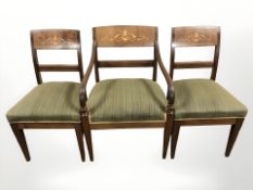 A pair of 19th century continental mahogany and satinwood inlaid armchairs and matching pair of