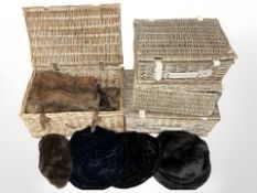 A Fortnum & Mason picnic hamper containing vintage hats, fox fur coat,