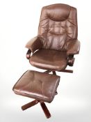 A Danish stained bentwood swivel armchair with matching footstool