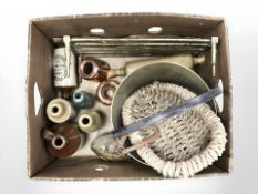 A group of 19th century stone ware bottles bearing various advertising, brass jam pan,