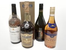 A bottle of Martell fine cognac, 1l, in carton, a bottle of Gold Napoleon French brandy, 1l,