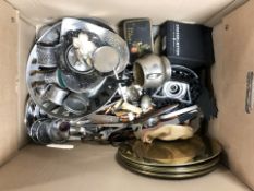 Assorted metal wares, cutlery, pewter items, brass dishes, etc.