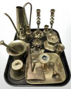 Brass wares to include pair of candlesticks, jug, pestle and mortar, miniature axe,