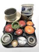 A group of continental earthenware pots, Japanese Siaki lidded twin handled pots,