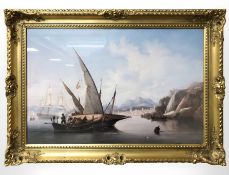 After John Wilson Carmichael : Fishing boats in calm waters with town beyond, colour print,