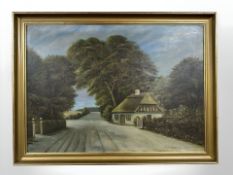 R Andersen : A road with thatched cottage, oil on board, 46 cm x 64 cm, signed and dated 1917.