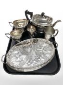 An EPNS three piece tea service, two mugs,